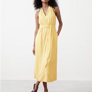 YELLOW BANANA REPUBLIC FACTORY Linen-Blend Twist-Back Midi Dress
